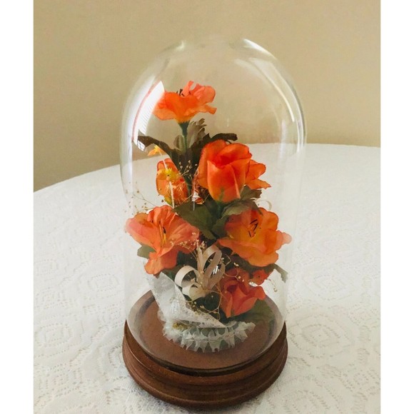 Vtg Silk Orange Roses Lace Ribbon Footed Wooden Glass Dome Conche 12" - Picture 2 of 6